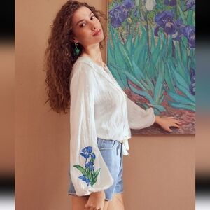 LINEN EMBROIDERY FLORAL PATTERN TASSEL TIE NECK LANTERN SLEEVE BLOUSE Small